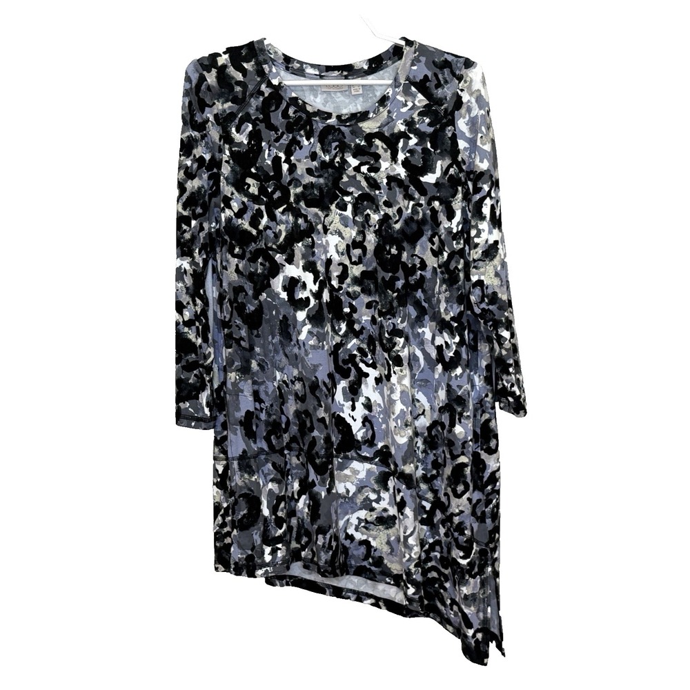 LOGO Lori Goldstein Tunic Top Womens Sz Medium Black Gray White Print Angled Hem